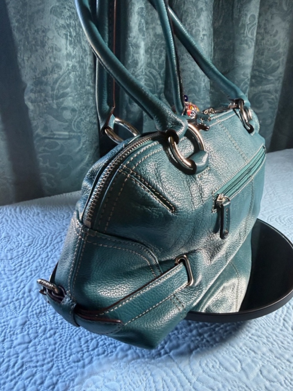 Teal Leather Satchel Handbag 14x8 - Picture 4 of 9
